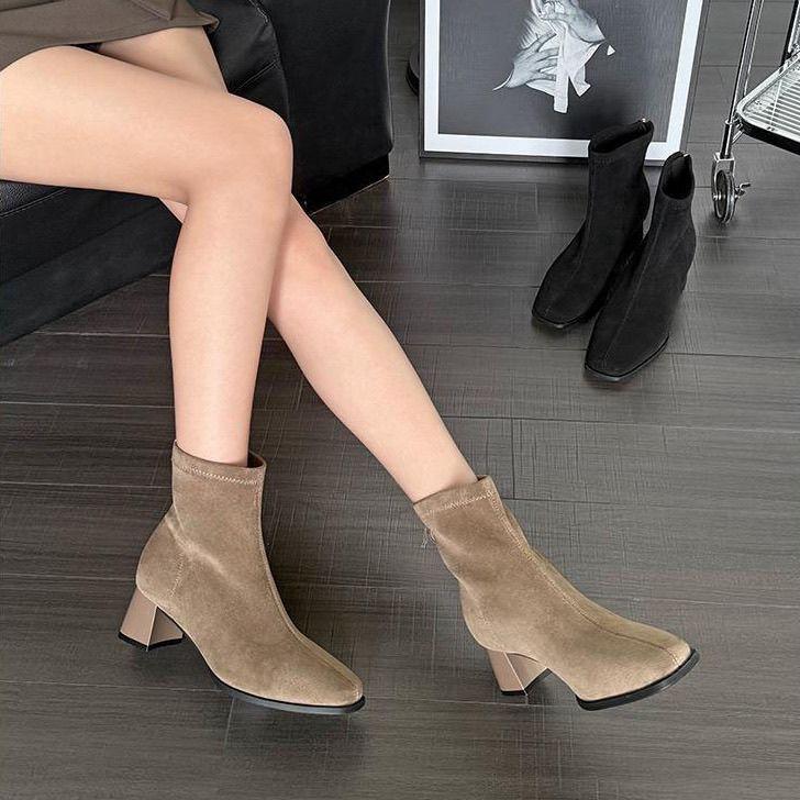 Fashion Single Small Ankle Suede High Heel Fleece Square Head Season Martin Boots Korean Boots Skinny Boots