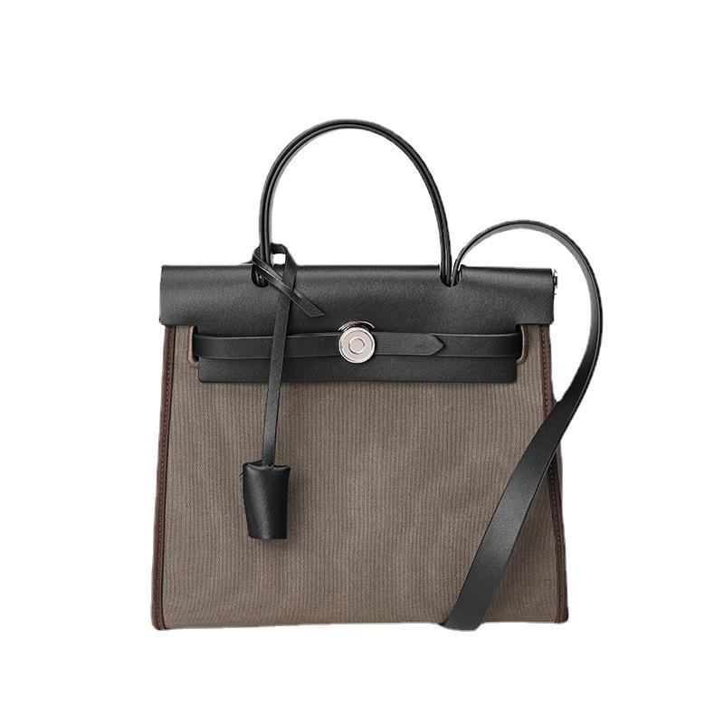 Leather Bag 2022 New Retro Fashion Canvas Kelly Bag Design Sense Contrasting Color Shoulder Messenger Bag Women's Bag