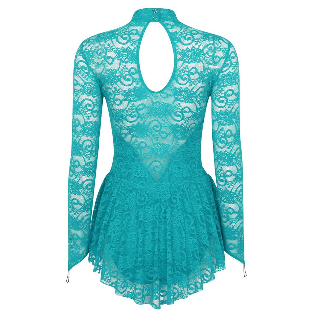 Women's Floral Lace Ballet Dance Leotard Fingerpoint Sleeves Figure Ice Skating Dress Costume