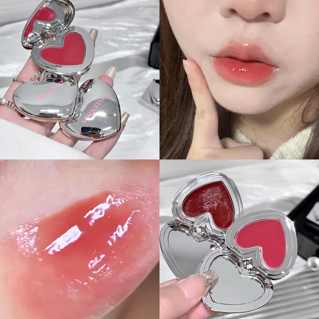 SHAQINUO Heart Shaped Mirror Lip Gloss Moisturizing Hydrating Solid Lip Balm Cute Silver Case Glossy Lip Tint Long Lasting Makeup Gift for Women