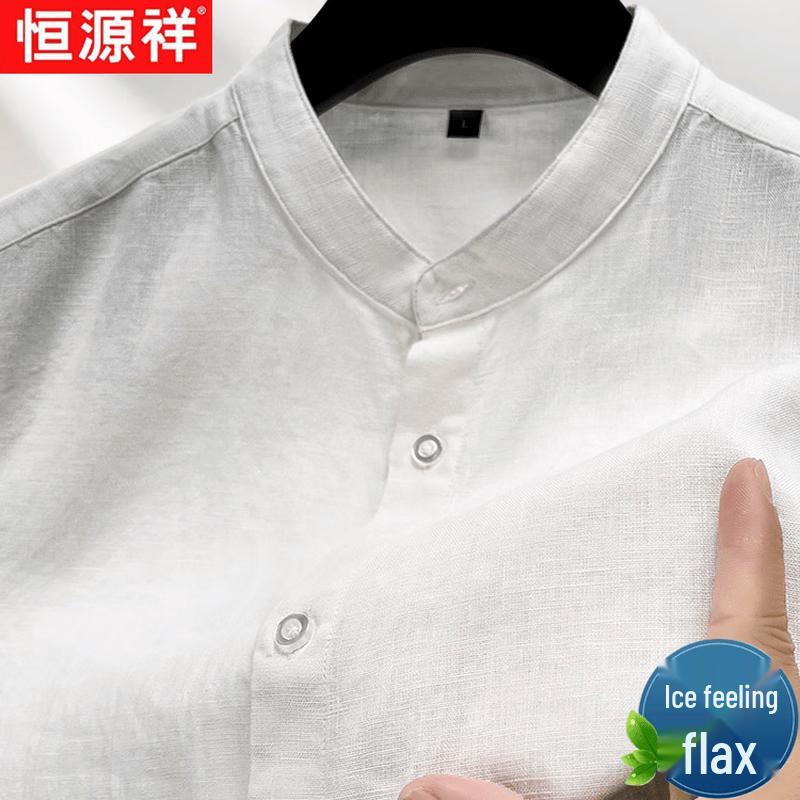 Hengyuanxiang Men s Chinese Style Pure Linen Stand Collar 3/4 Sleeve Shirt L