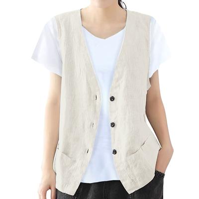 Women's Sleeveless Cotton Linen Vest Button Down V Neck Waistcoat Jacket