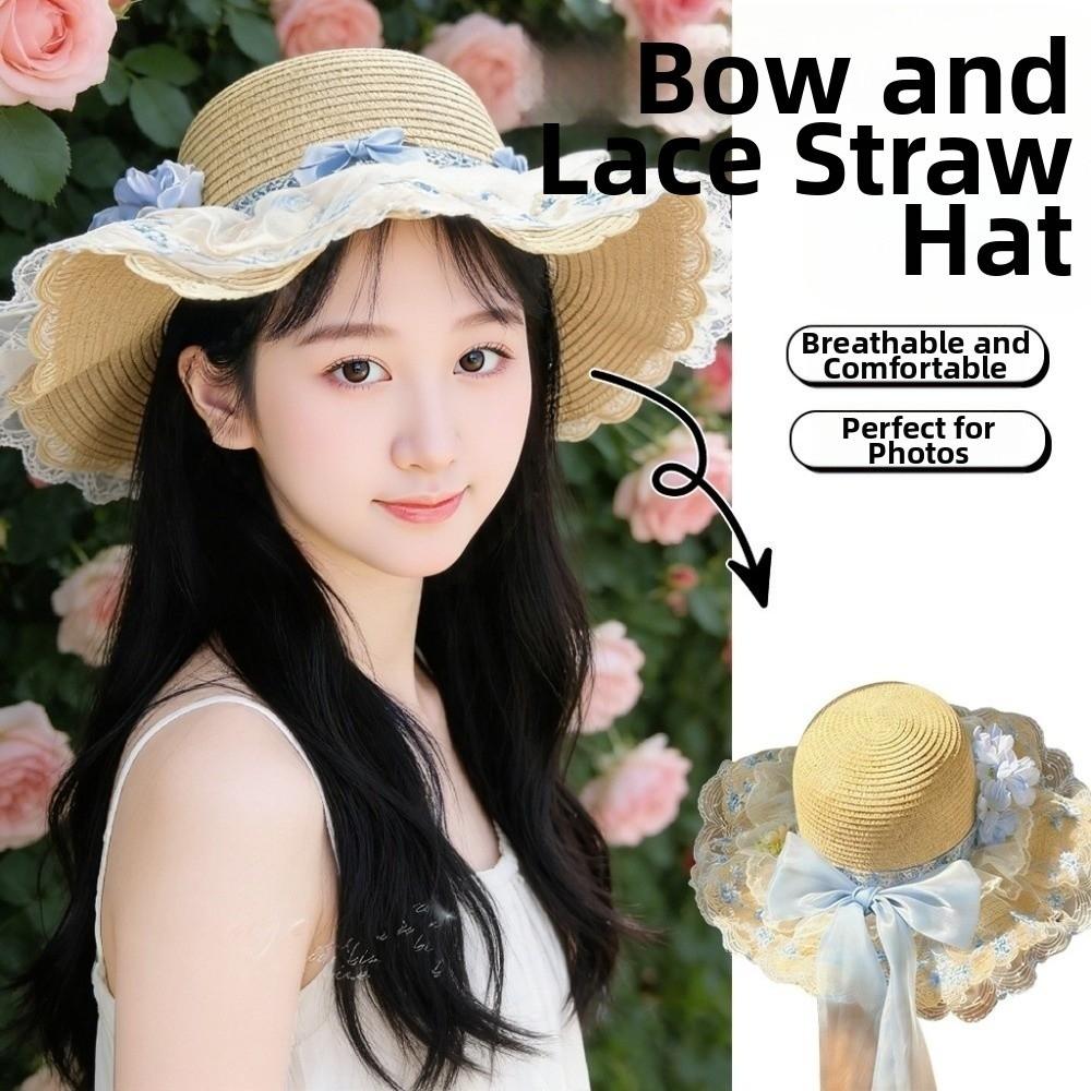 Floral Design Woman's Straw Hat Elegant Sun Protection Cap Lace Brim Sunshade Cap Casual Wear