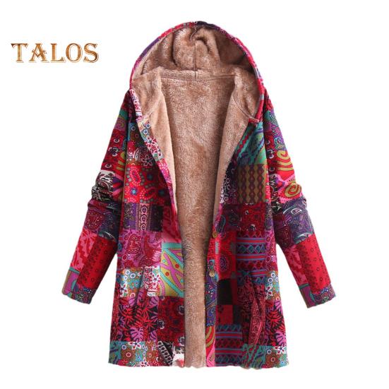 

Женское зимнее пальто с винтажным этническим принтом в стиле пэчворк с плюшевой подкладкой, капюшоном и карманами, куртка средней длины на пуговицах для активного отдыха S красный