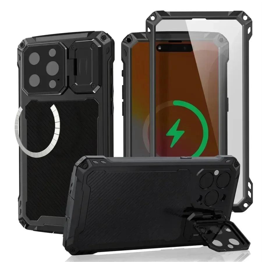 For iPhone 16 15 Plus 14 Pro Max Aluminum Metal Shockproof Magnetic Case Heavy Duty Armor Cover With Screen Protector Lens Stand
