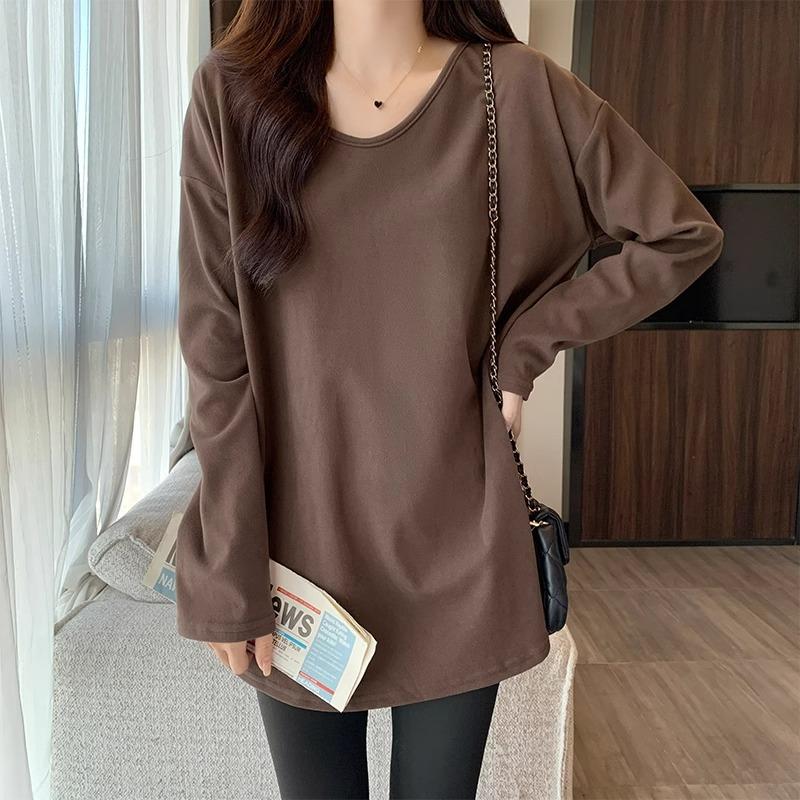 

Белая футболка с V-образным вырезом и длинными рукавами для женщин, осенне-зимняя, немецкая бархатная нижняя рубашка, свободный топ средней длины с брюками-акулами XL