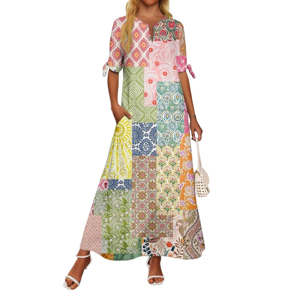 Abito Lungo da Donna Casual Moda Temperamento Elegante Vita Patchwork Stampa Floreale
