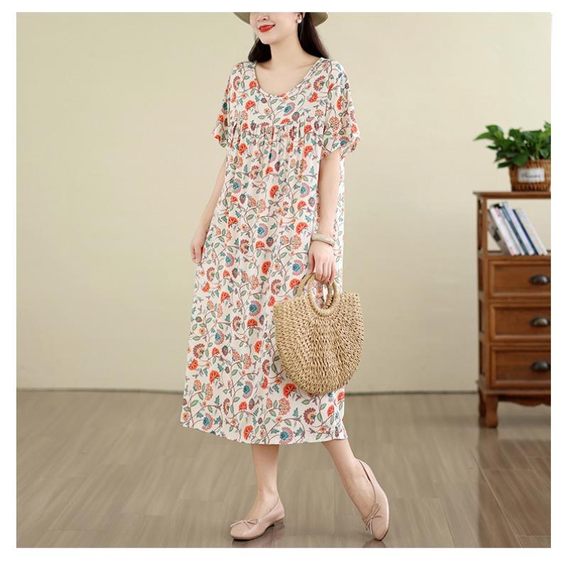DIMANAF New 2026 Summer Beach Women Plus Size Lady Long Dress Loose Oversize Cotton Vintage Floral Print