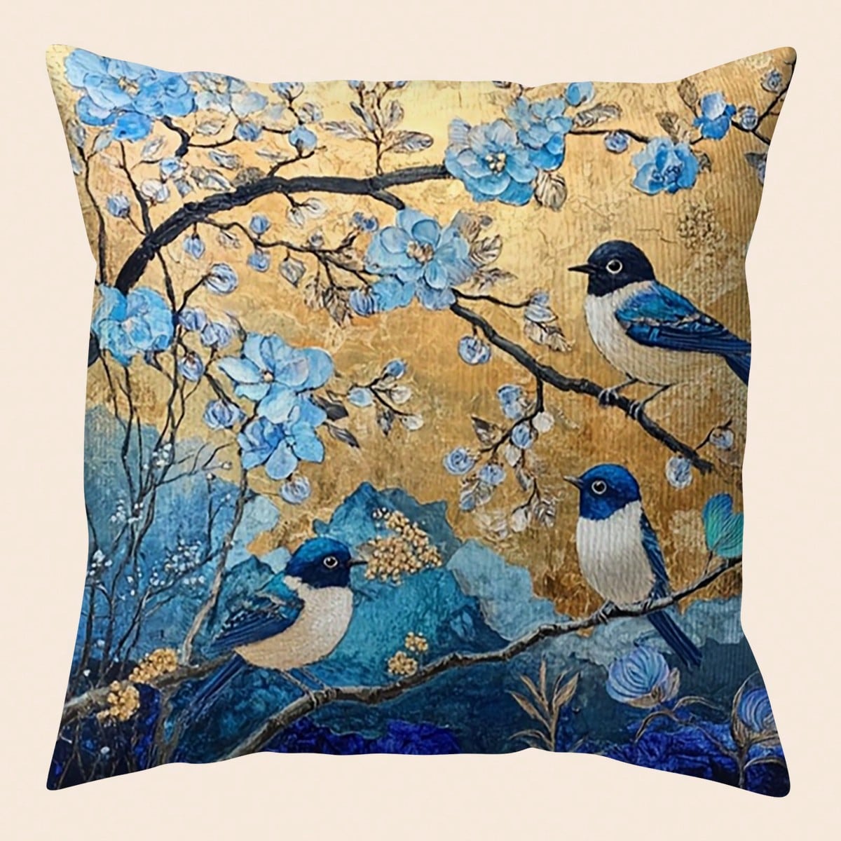 Kussenhoes in Chinese Stijl, Kussensloop met Blauwe Vogel en Bloemenprint, Gouden Borduurwerk Look Woondecoratie, Bank Sierkussen 45x45cm