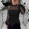 Women Spring Autumn New Pearl Mesh Patchwork Long Sleeve Blouse Top