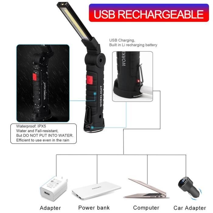 Lampe de travail magnétique de 8000 Lumens, lampe de poche étanche Rechargeable par USB COB 5 Modes lampe de tr Big Size -WGHY2378