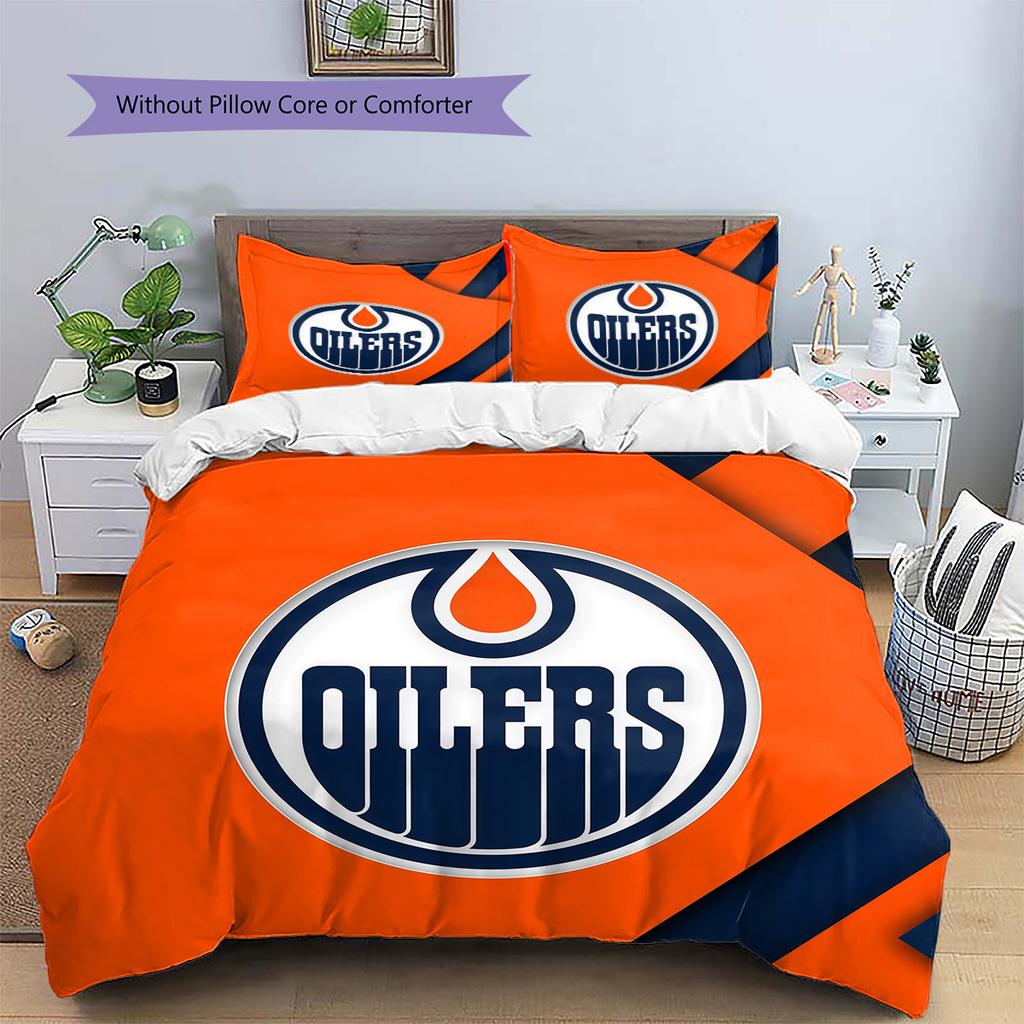 Edmonton Oilers Pattern Bedding Quilt Set  Home Decoration  Gift (1 * Duvet Cover + 2 * Pillowcase  Without Core)