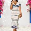 Women Plus Size V Neck Short Sleeve Multicolor Striped Printed Fitted Fishtail Dress