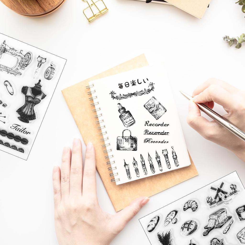 seimeinoki Clear Set of Retro Life Transparent Silicone Transparent Planner Letter Handmade DIY for and Embossing Stamps, 5, Scenarios, Stamps, Pen,