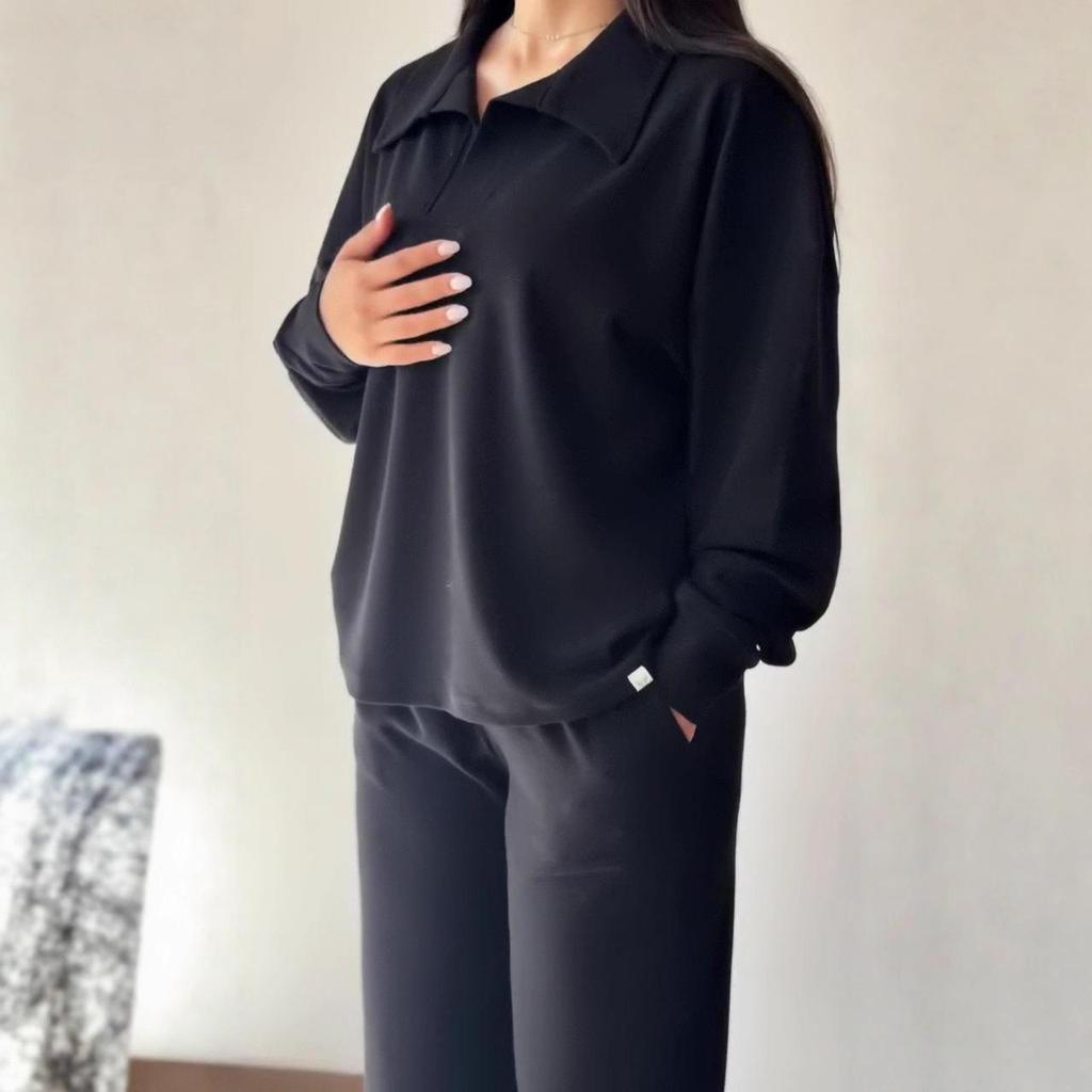 2025 Autumn Women's Sporty Casual Two-Piece Set: Lapel Long-Sleeve Top & Loose Pants