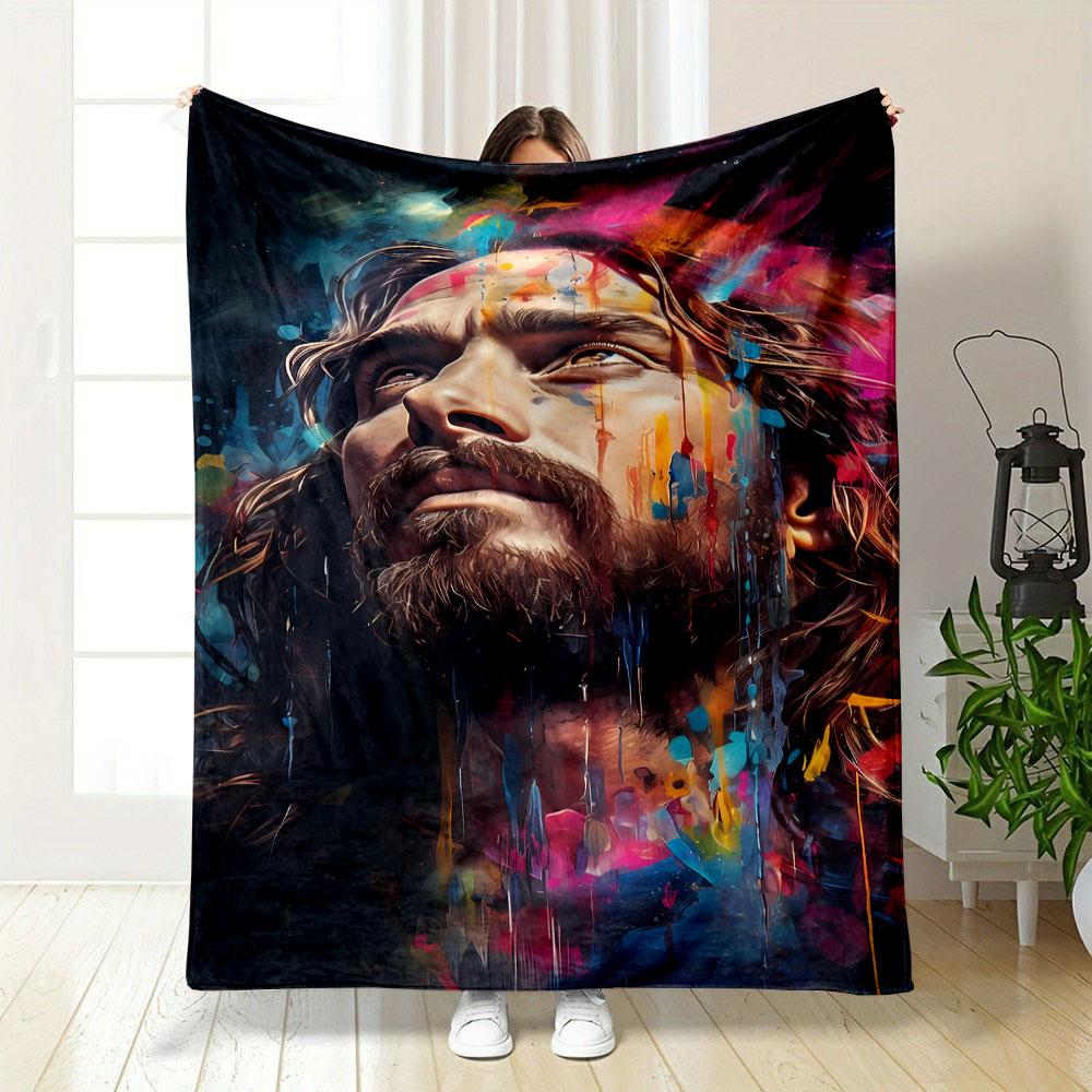 Jesus Portrait Colorful Art Blanket Bedroom Blanket for Livingroom Couch Lunch Break Soft Throw for Friend's Festival Gift