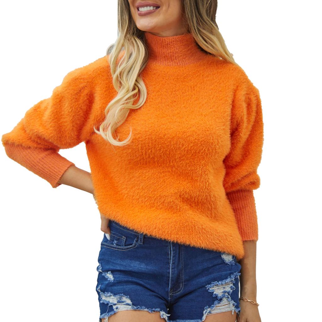 Damen Pullover mit Stehkragen, langen Ärmeln, reine Farbe, flauschig, lockere Passform, Strickpullover, Strickwaren, Blau, S