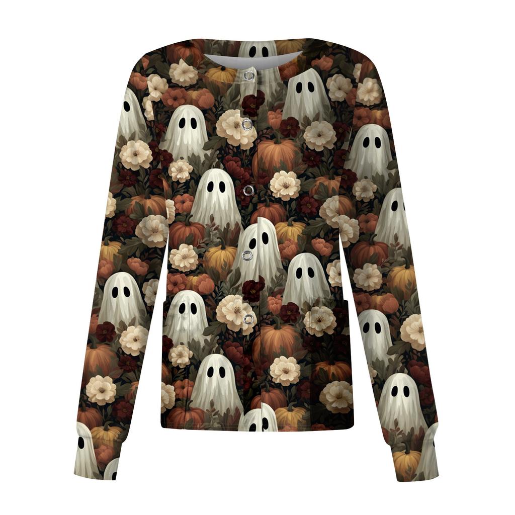 Women's Long Sleeve Halloween Print Button Front Scrub Top for Uniform