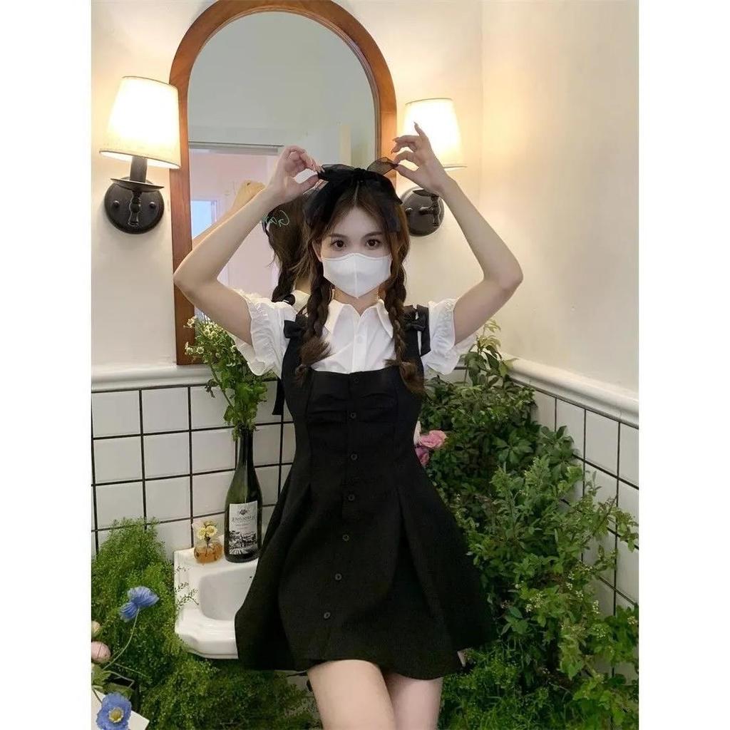 College Style Strap Skirt Bubble Sleeve Shirt Female Butterfly Lace-up Waist Dress Sweet and Spicy Two-piece Set