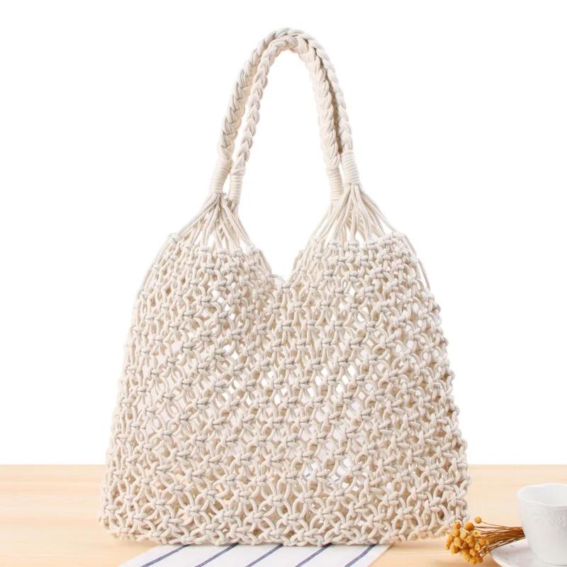 Wind Cotton Handmade Woven Bag, Beach Bag, One Shoulder Portable Leisure Hollowed Out Tourism And Vacation Fishing Net Bag