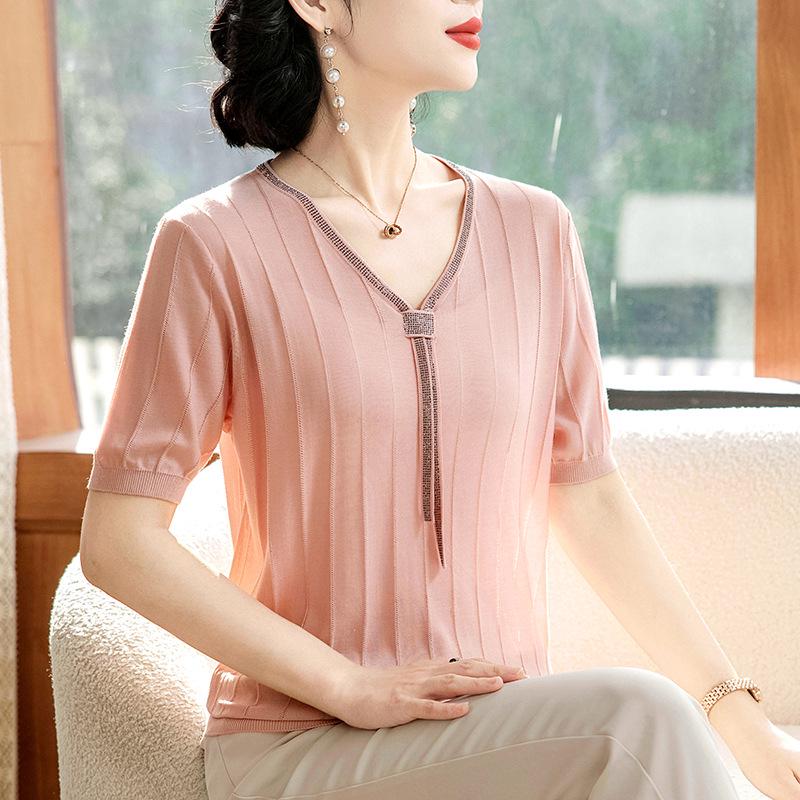 

2026 Ice Silk Short-Sleeve Knit T-Shirt for Middle-Aged Women – Summer Collection XL (100-110 jin) розовый