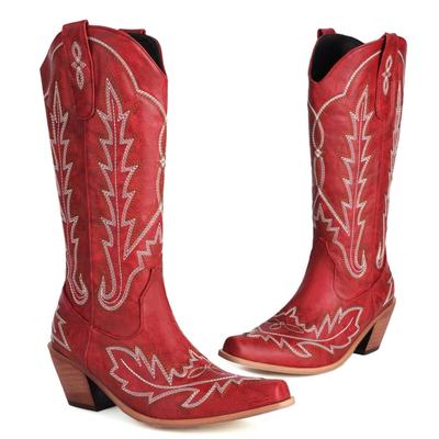 Fashion Western Cowboy Cowgirls Boot Casual Embroider Women's High Knee Boots Winter Tall Lady Wedge Heels Footwear Shoes Large Size 45