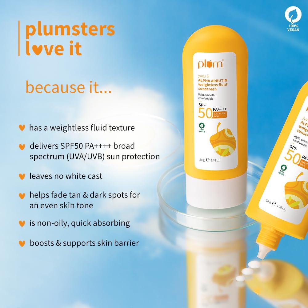Plum Yuzu & Alpha Arbutin Fluid Sunscreen SPF 50 PA++++ 50g for All Skin Types Men & Women