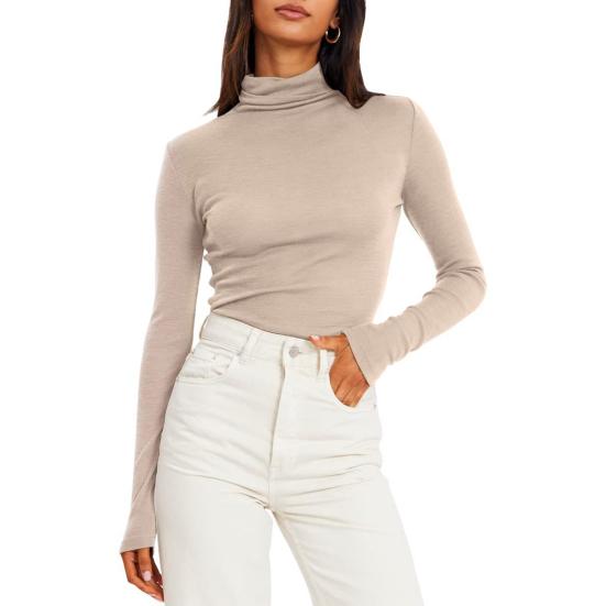 Women Bottoming Tops Slim Fit Stacked Collar Long Sleeve Solid Color Pullover Shirt Elastic Jumper Daily Wear