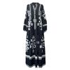 Lady Spring Maxi Dress V Neck Retro Contrast Color Printed Long Sleeves Loose Single-breasted A-line Patchwork Casual Daily Dress