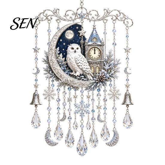 Vintage Christmas Train Pendant Wind Chime with Crystal Bead Chain, Cat Car/Owl Xmas Tree Hanging Decor Pattern Design, Retro Ornament for Home Garden