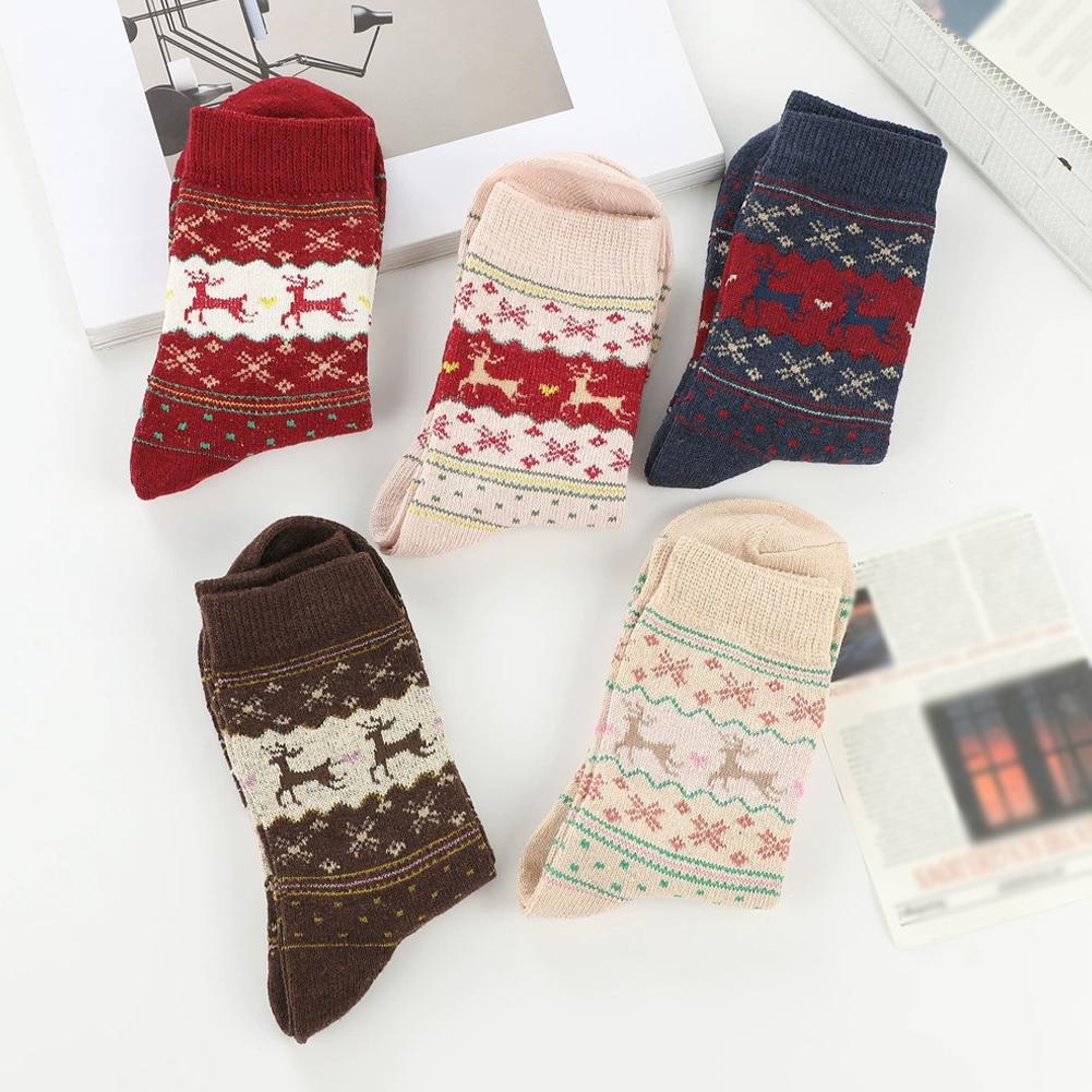 5 Paar Niedliche Rentier Schneeflockenmuster Damen Mid-Tube Socken für Weihnachten Winter Dick und Warm Hausbodensocken