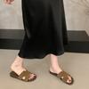 French linen one-word flat-bottomed cool slippers women's summer wear 2025 new vacation style seaside soft sandals