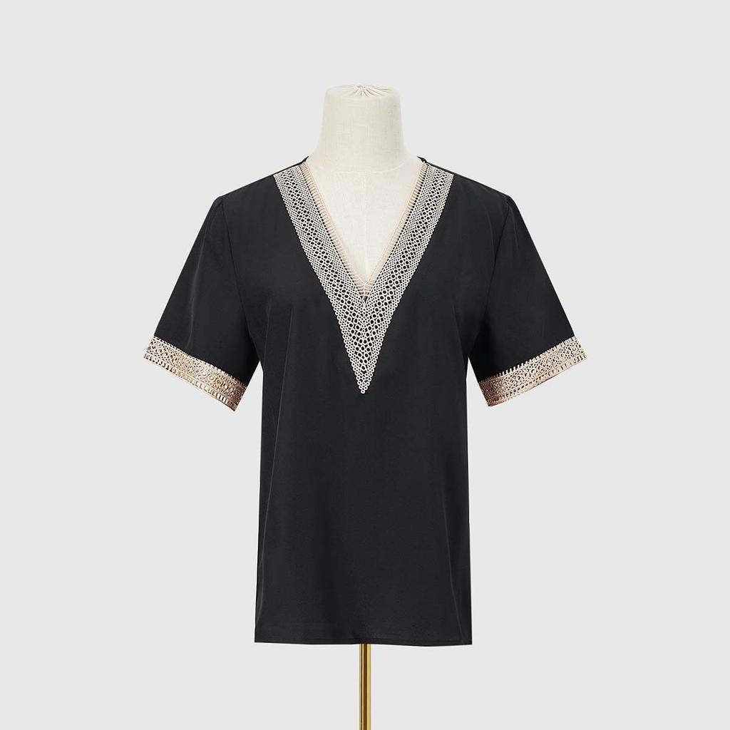 Summer Women's Lace Trim V-neck Short Sleeve T-shirt, European American Style Casual Tops For Women
