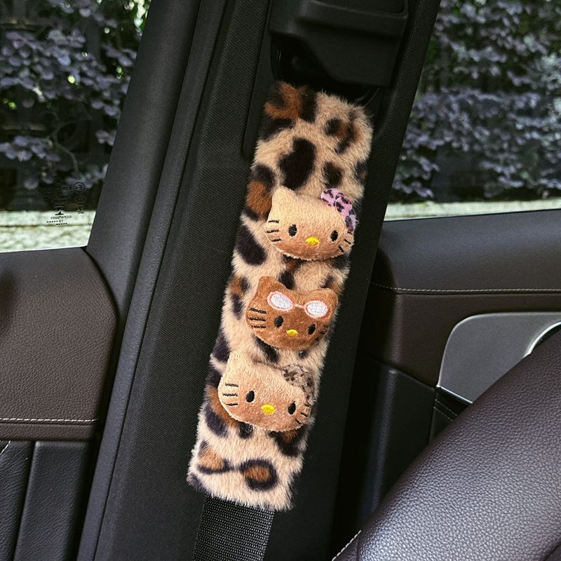 Melard Leopard Print Hello Kitty Plush Car Seatbelt Shoulder Pad Car Interior Decoration Gift for New Car Sunglasses Kt Three-Head Shoulder Pads