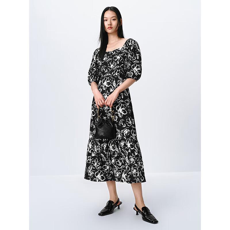 

Женское платье макси с принтом и рукавами-буфами, квадратным французским воротником M