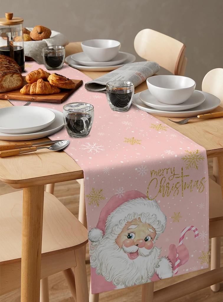Christmas Santa Claus Pink Snowflake Linen Table Runner Party Decor Winter Xmas Kitchen Table Runner Christmas Decorations