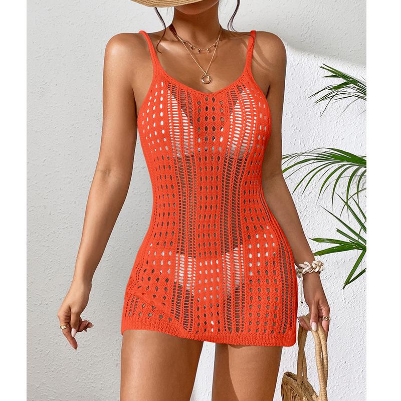 European and American Women's See-Through Spaghetti Strap Knit Beach Dress