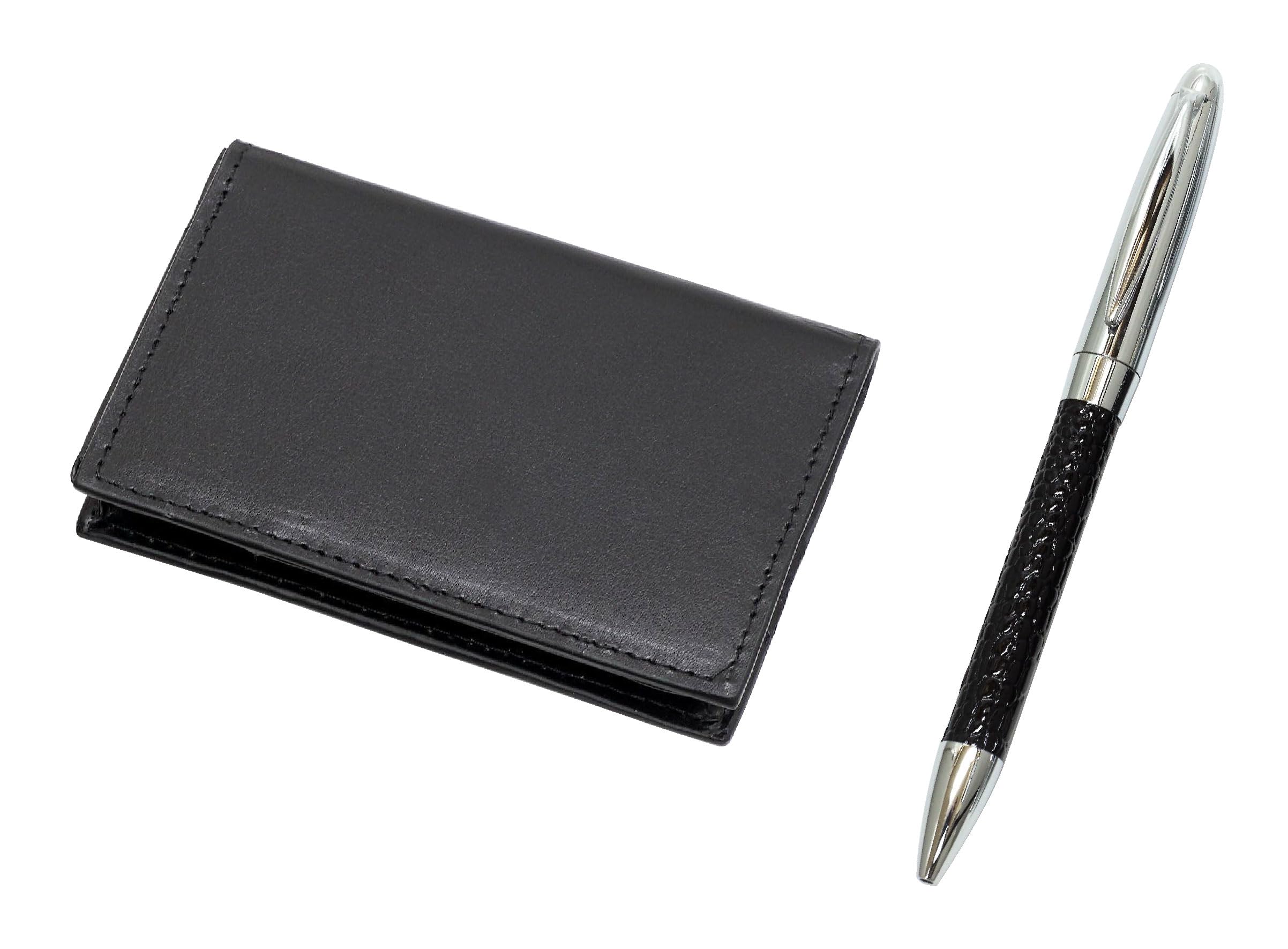 

Recycled Cowhide Business Card Holder with Rotating Ballpoint 4-Pocket Leather-Wrapped Pen, Director s Set, Black, T23-LS030B-PD03-B чорний