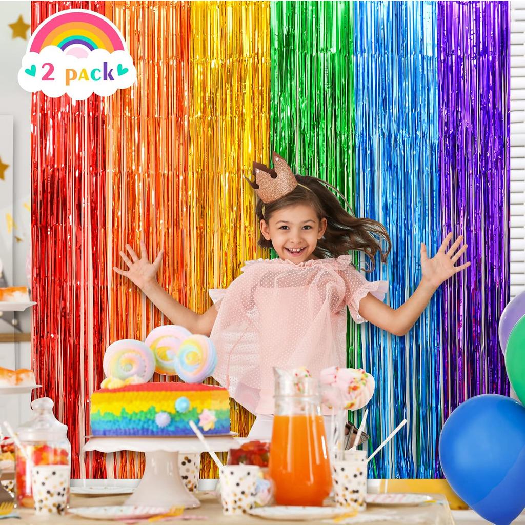 2 Pack Rainbow Foil Fringe Curtains Rainbow Party Decorations 3.3x6.6ft Tinsel Metallic Streamers Holiday Photo Booth  for Party