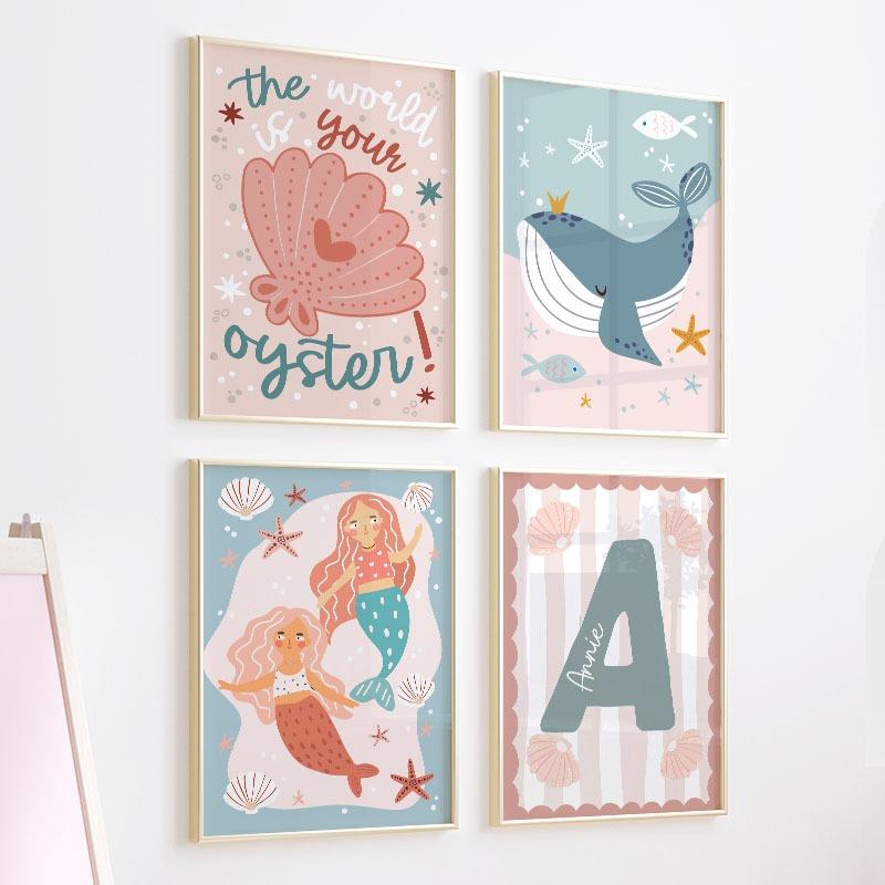 Colorful Mermaid Girl Rainbow Whale Scallop Marine Nursery Wall Art Canvas Painting Posters And Prints Pictures Kids Room Decor