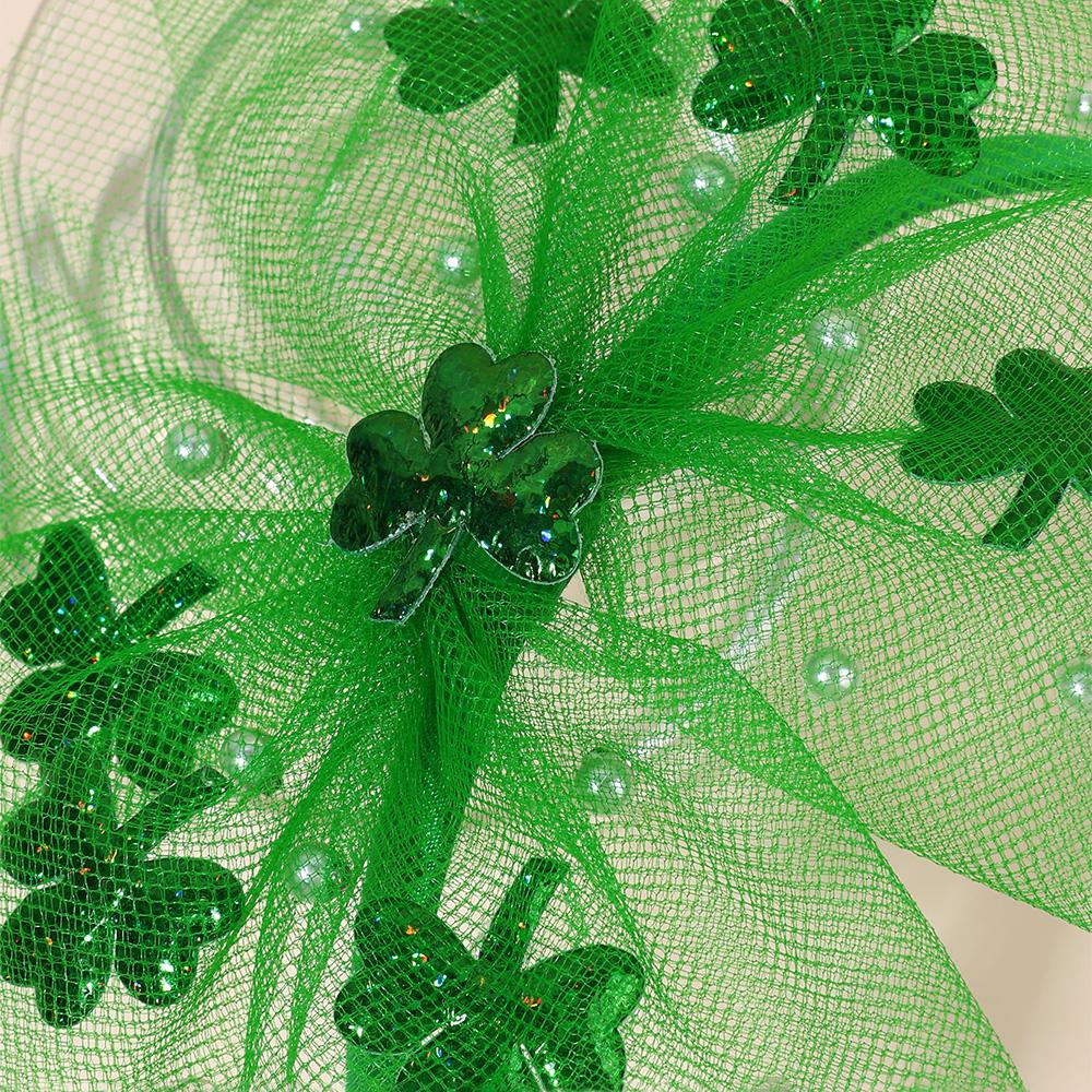 Cloverleaf Tull Hairband For Girls Pearls Mesh Hair Hoops Large Fresh Green Bow Hair Bands Easter Headwear Hair Accessories
