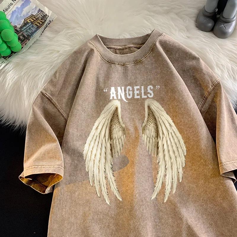 Angel Wings Print T-Shirt High-Quality Retro Washed Vintage M
