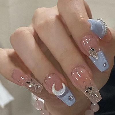 24PCS/Box Long Coffin Fake Nail Stars Moon Design Macaron Color Clear Transparent with Drill Press On Nails Removable False Nail