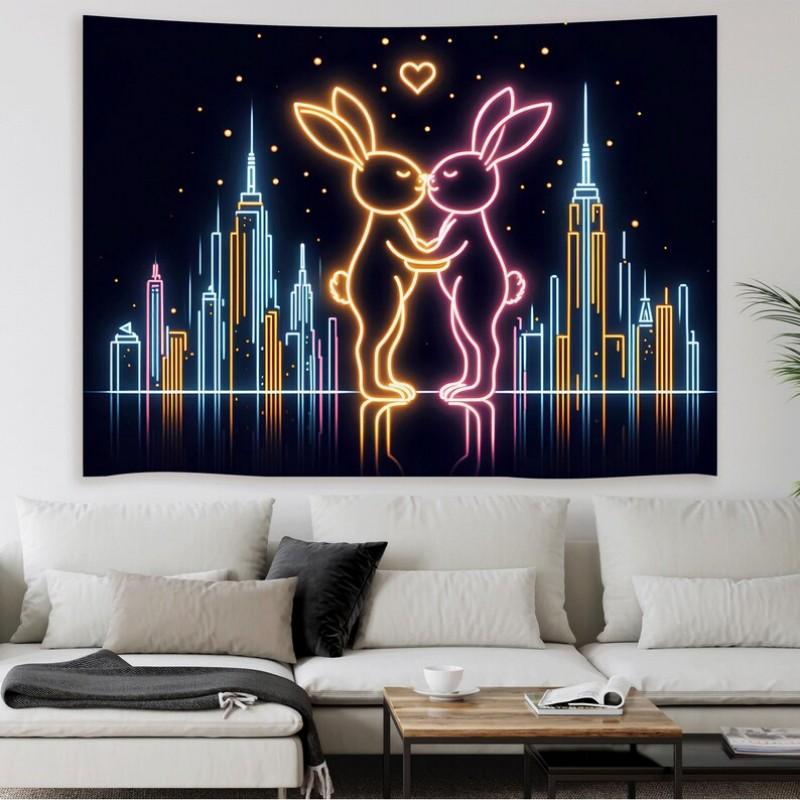 Neon Rabbit Couple Tapestry Synthetic Wave City Polyester Fiber Wall Hanging Bedroom Living Room Home Decoration 100X70CM