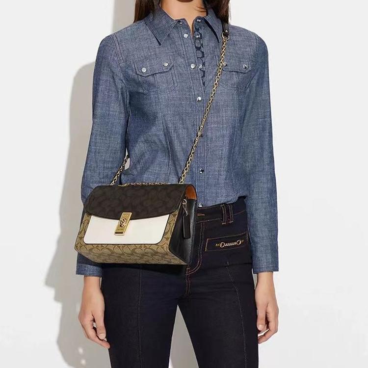 Coach Lane 26 Fashion Color Block Chain Crossbody Shoulder Bag Coated Canvas And Leather Medium Women handbags Brown White C1539-IMNOX