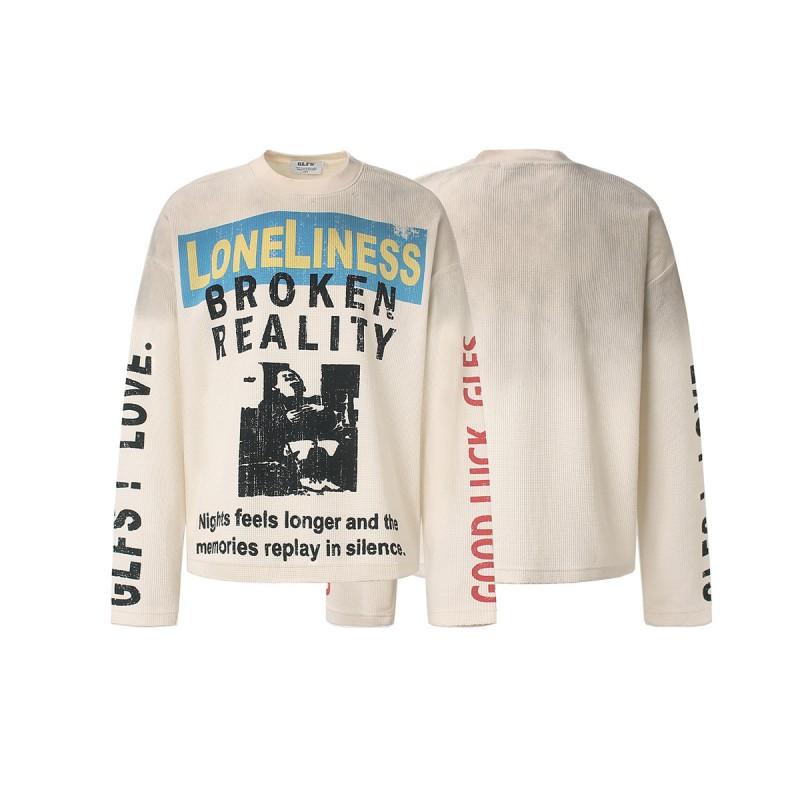 2026 Mens Long Sleeve Sweatshirt American Street Style Vintage Distressed Waffle Knit Casual Top