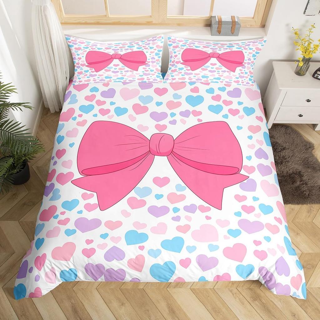 Dreamy Pink Bow Duvet Cover Queen King Size Princess Style Cute Bow Print Suitable For Kids Girls Teens Bedroom Decoration 3 Pcs