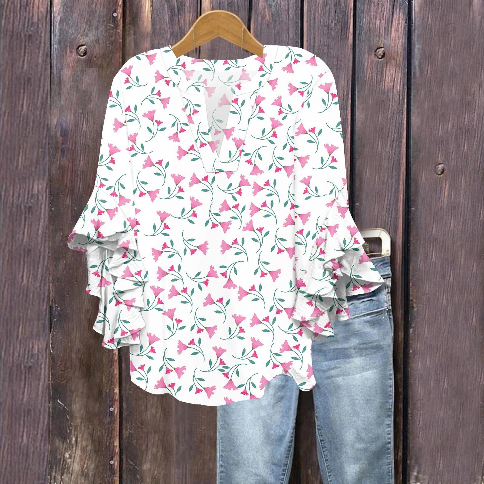 

Летние топы для женщин, симпатичные блузки с V-образным вырезом и рукавом 3/4, повседневные рубашки с цветочным принтом L