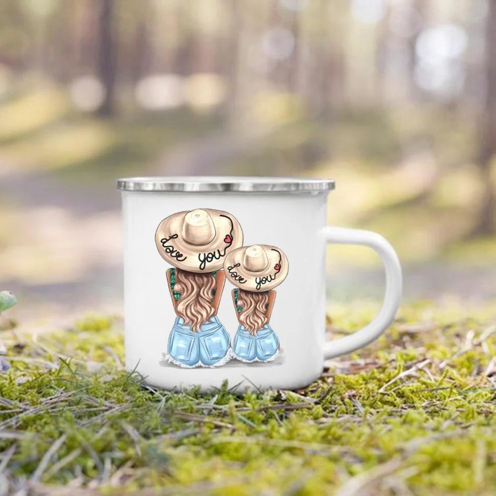 Queen and Princess Print Enamel Mug Family Matching Coffee Cup Camping Mug Festive Mothers Day Birthday Gift for Mom or Daughter 360ml