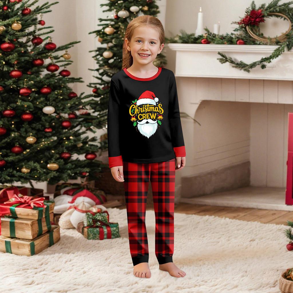 Parent Child Outfit Christmas Print Home Long Sleeved Top And Plaid Striped Trousers Set